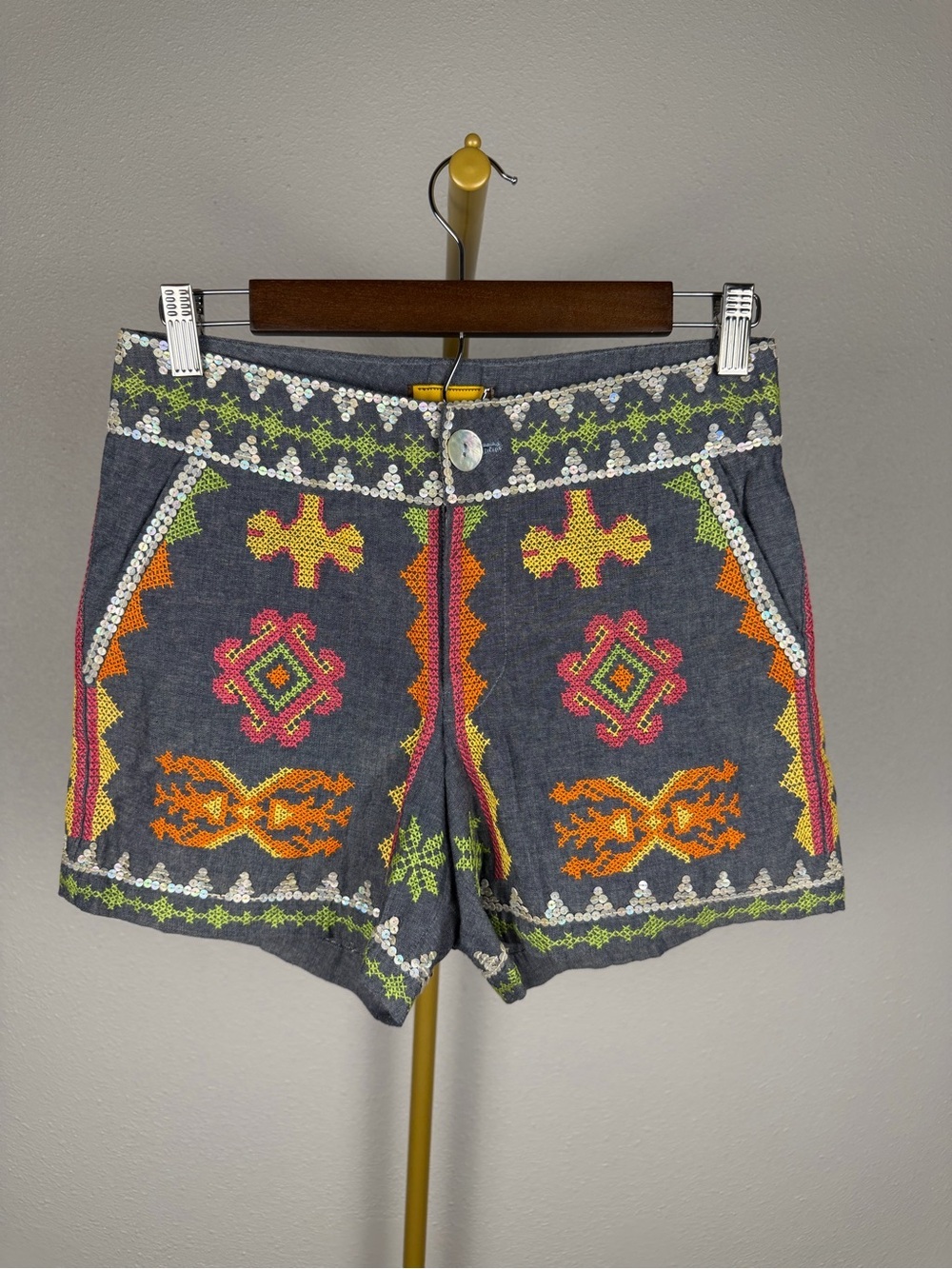 Filip + Inna Pilar Chambray Embroidered Sequin Shorts XS Artisan